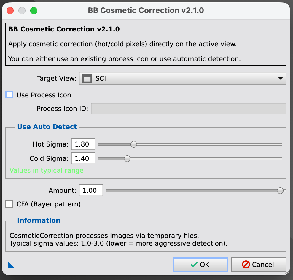 CosmeticCorrection PixInsight module interface